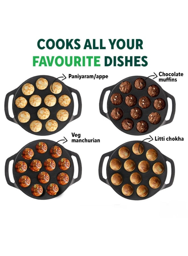 ديسينت مقلاة أبام من الحديد الزهر - مقلاة/صانعة أبام - مقلاة بان كيك بـ 12 فتحة، صانعة كبة وفلافل، أباتشاتي، مقلاة أبي، مقلاة بانيارام، أواني طهي متينة من الحديد الزهر بوزن 2 كجم، متبلة مسبقًا، مناسبة للغاز والحث - Image 3